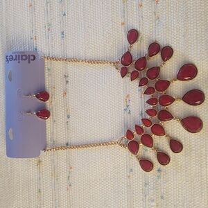 Claire's Red and Gold Cascading Bib Necklace & Earrings